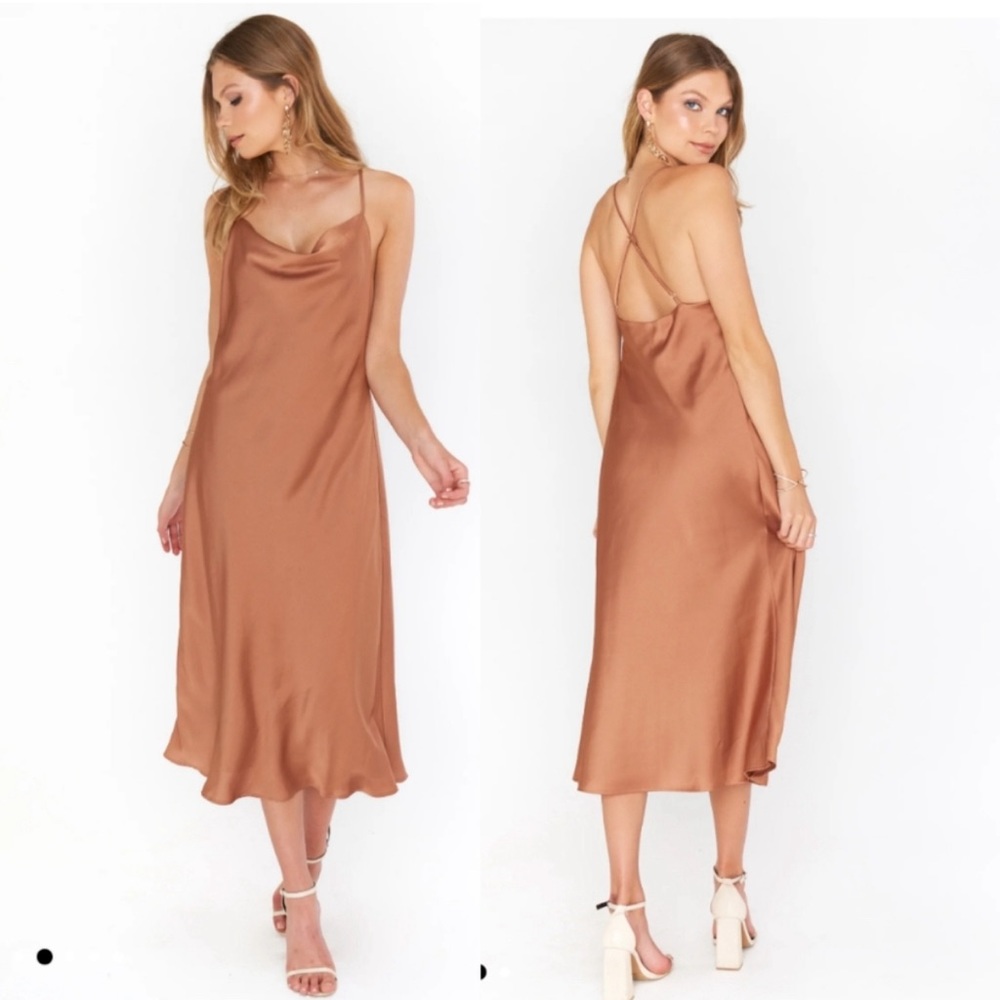 Show Me Your Mumu Verona Cowl Dress in Copper Luxe Satin Medium